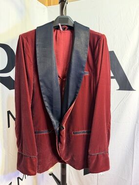 Free People Women's Velvet Smoking Jacket Burgundy Red Blazer Size S Shawl Lapel